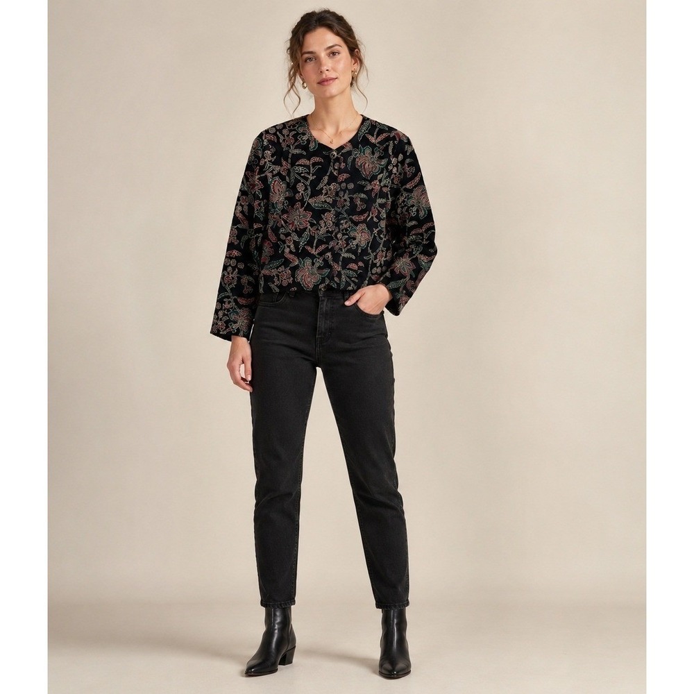 Vintage Tres Paquette Formal Jacket Womens Large Black Floral Embossed Red Green
